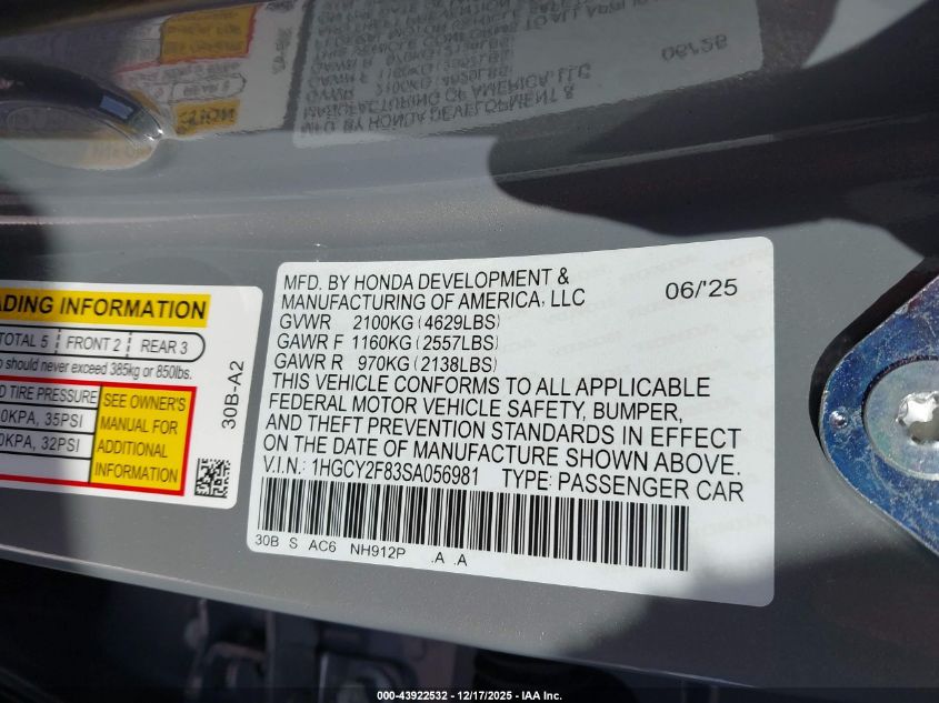 2025 Honda Accord Hybrid Touring VIN: 1HGCY2F83SA056981 Lot: 43922532