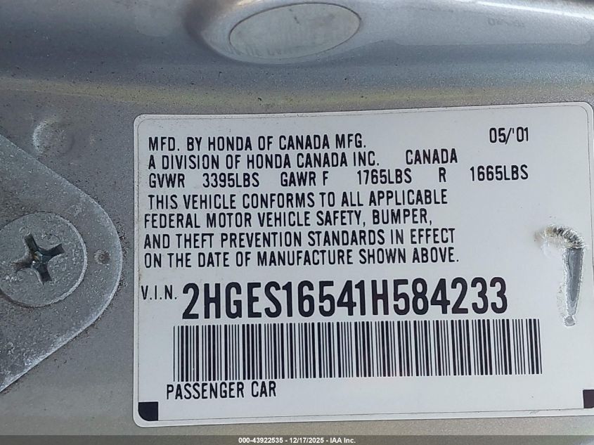 2001 Honda Civic Lx VIN: 2HGES16541H584233 Lot: 43922535