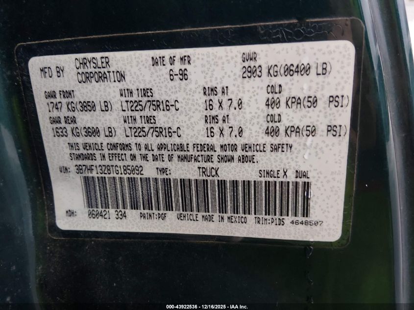 1996 Dodge Ram 1500 VIN: 3B7HF13Z8TG185092 Lot: 43922536