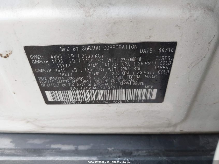 2018 Subaru Outback 2.5I Limited VIN: 4S4BSANCXJ3382917 Lot: 43922537