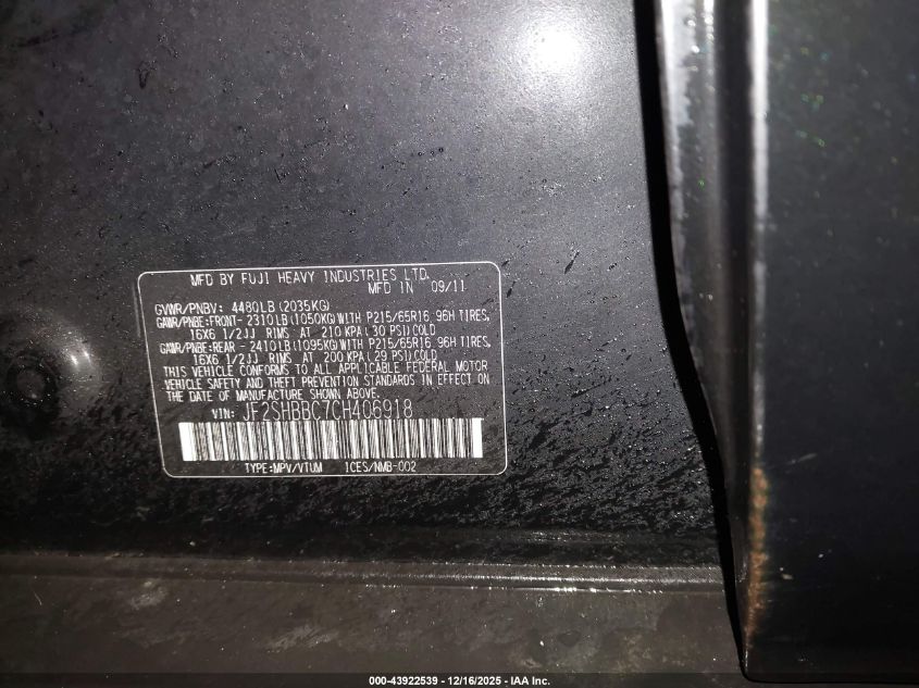 2012 Subaru Forester 2.5X VIN: JF2SHBBC7CH406918 Lot: 43922539
