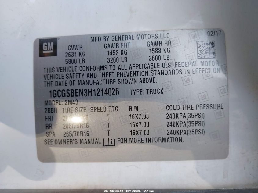 2017 Chevrolet Colorado Wt VIN: 1GCGSBEN3H1214026 Lot: 43922542