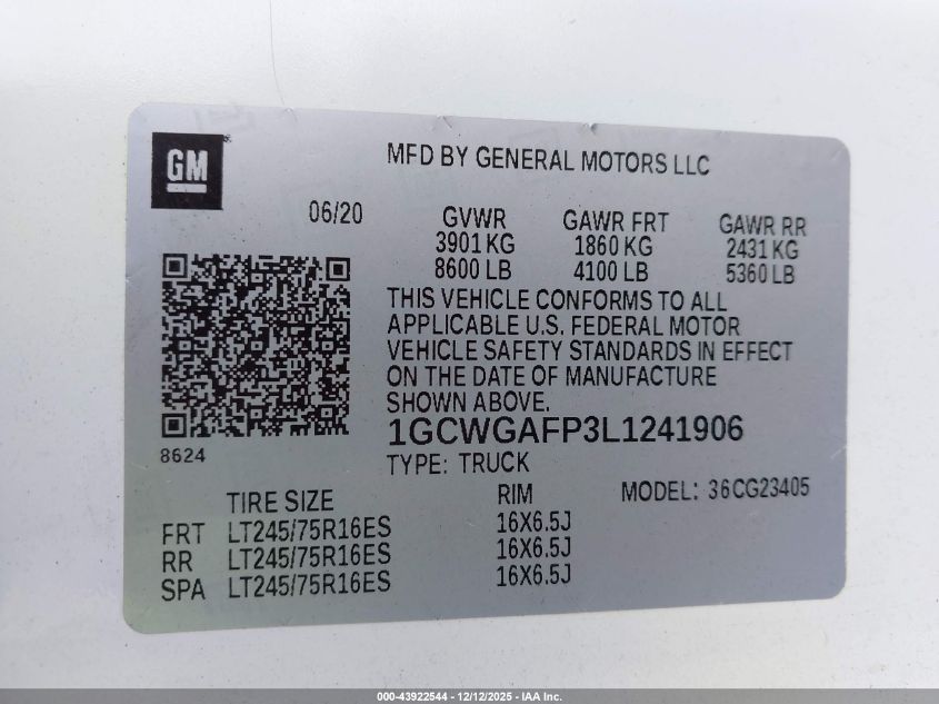 2020 Chevrolet Express Cargo Rwd 2500 Regular Wheelbase Wt VIN: 1GCWGAFP3L1241906 Lot: 43922544