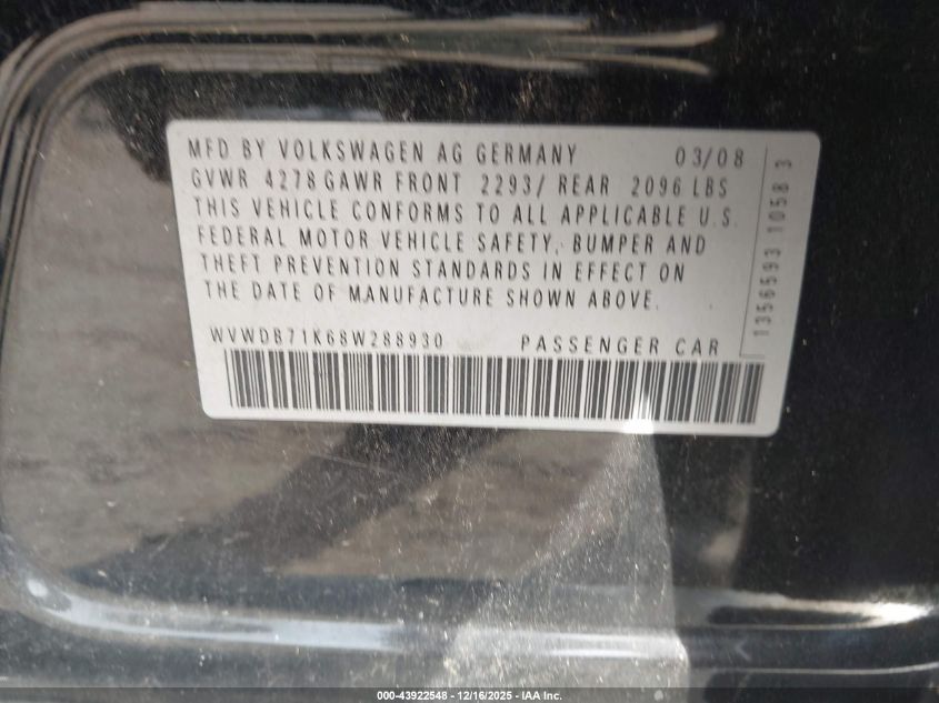 2008 Volkswagen Rabbit S VIN: WVWDB71K68W288930 Lot: 43922548