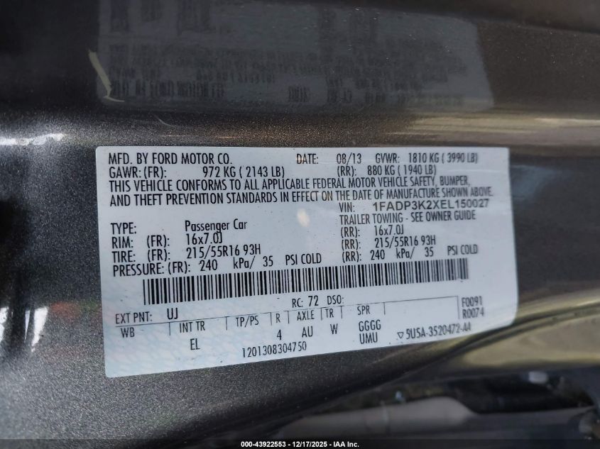 2014 Ford Focus Se VIN: 1FADP3K2XEL150027 Lot: 43922553