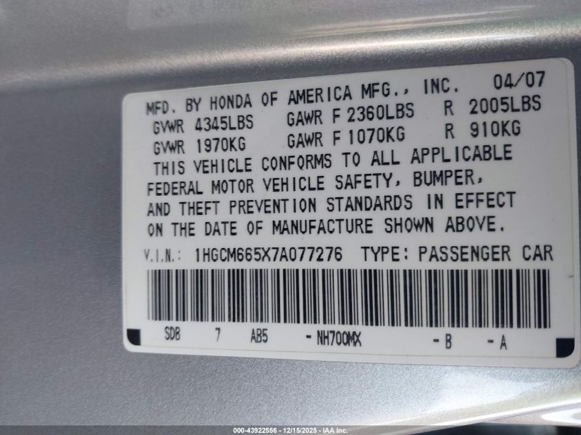2007 Honda Accord 3.0 Ex VIN: 1HGCM665X7A077276 Lot: 43922556