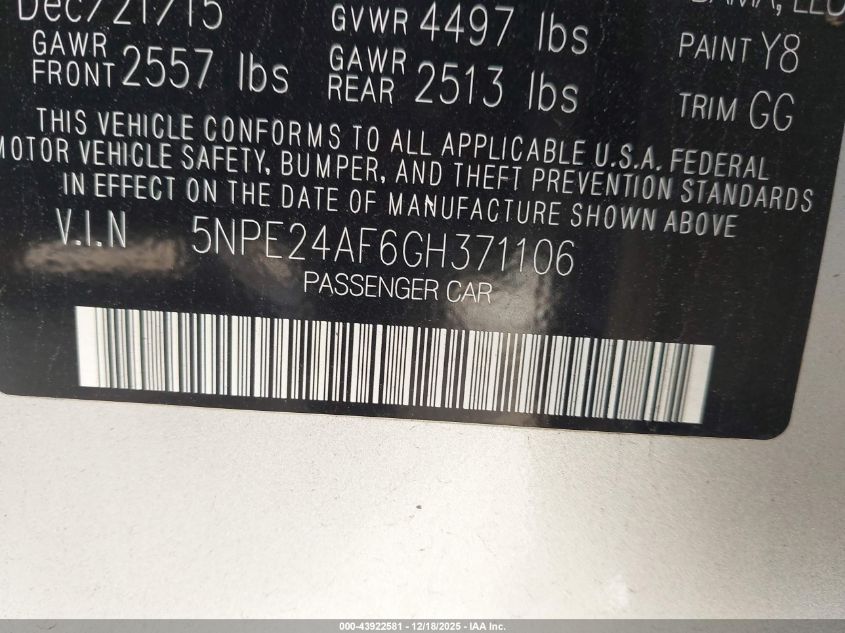 2016 Hyundai Sonata Se VIN: 5NPE24AF6GH371106 Lot: 43922581