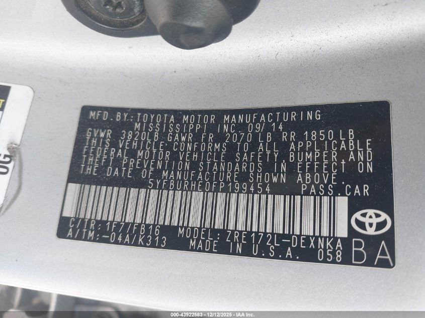 2015 Toyota Corolla Le Plus VIN: 5YFBURHE0FP199454 Lot: 43922583