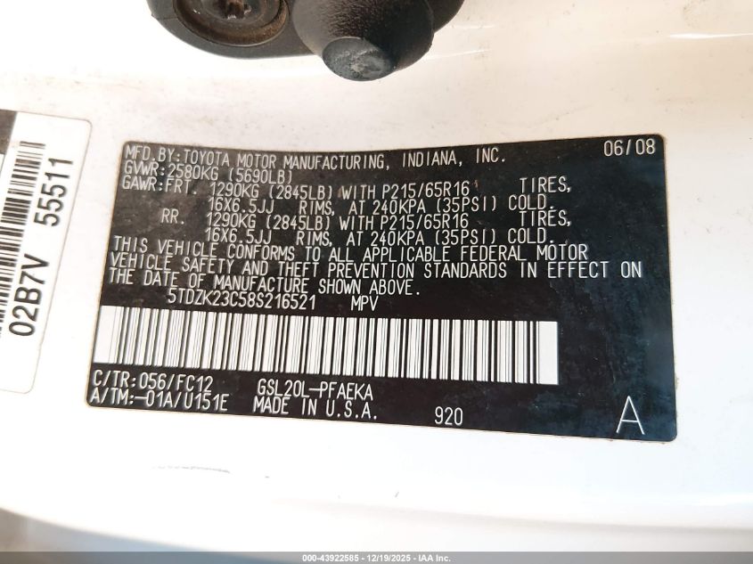 2008 Toyota Sienna Le VIN: 5TDZK23C58S216521 Lot: 43922585