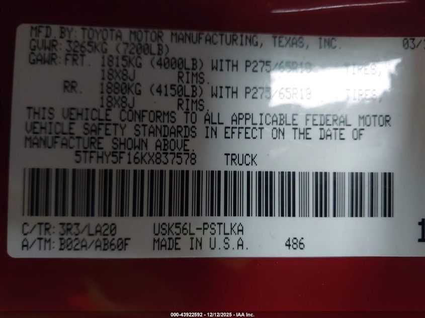 2019 Toyota Tundra Limited 5.7L V8 VIN: 5TFHY5F16KX837578 Lot: 43922592