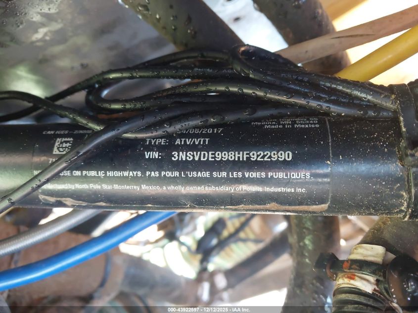 2017 Polaris Rzr Xp 1000 Eps VIN: 3NSVDE998HF922990 Lot: 43922597