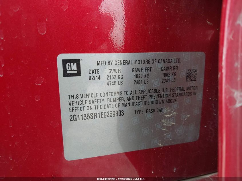 2014 Chevrolet Impala Lt Eco VIN: 2G1135SR1E9259803 Lot: 43922599