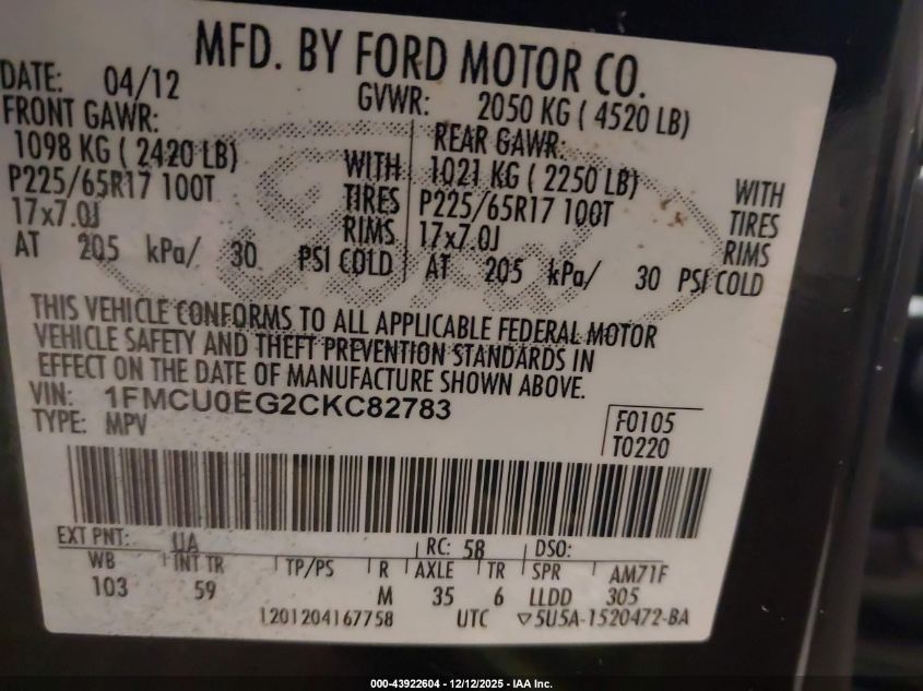 2012 Ford Escape Limited VIN: 1FMCU0EG2CKC82783 Lot: 43922604