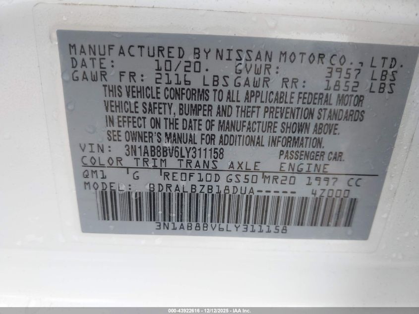 2020 Nissan Sentra S Xtronic Cvt VIN: 3N1AB8BV6LY311158 Lot: 43922616