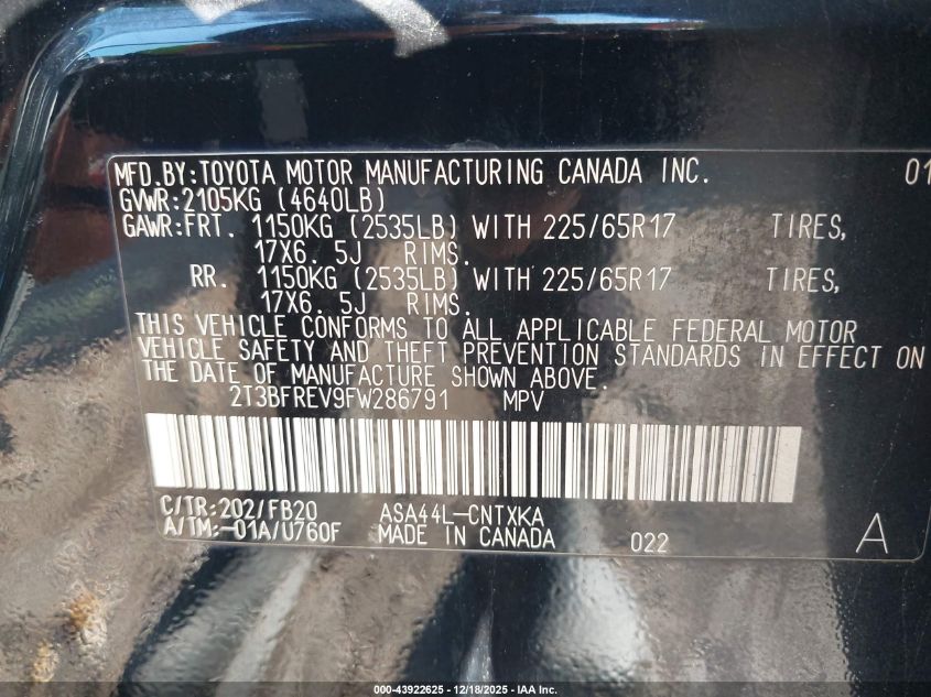 2015 Toyota Rav4 Le VIN: 2T3BFREV9FW286791 Lot: 43922625