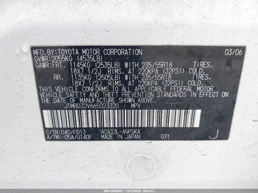 2006 Toyota Rav4 Sport VIN: JTMBD32V665023320 Lot: 43922641