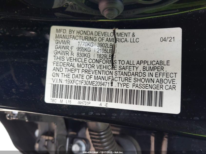 2021 Honda Civic Ex VIN: 19XFC1F30ME209471 Lot: 43922644