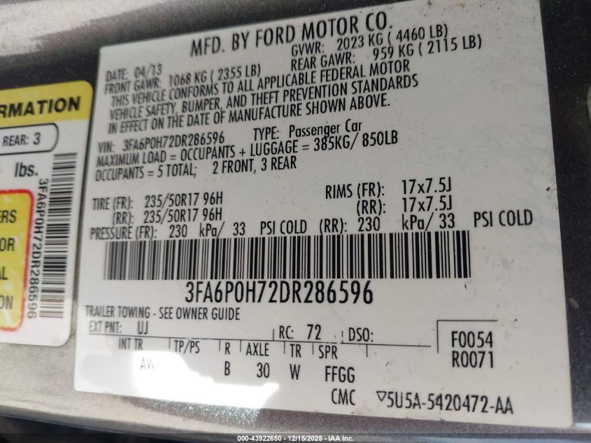 2013 Ford Fusion Se VIN: 3FA6P0H72DR286596 Lot: 43922650