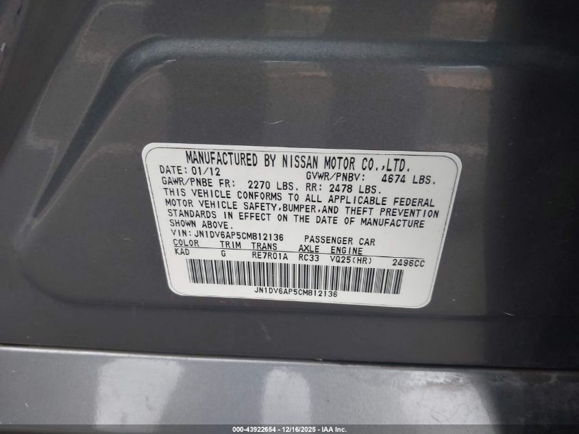 2012 Infiniti G25 Journey VIN: JN1DV6AP5CM812136 Lot: 43922654
