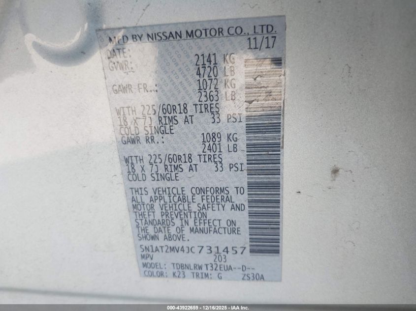 2018 Nissan Rogue Sl VIN: 5N1AT2MV4JC731457 Lot: 43922659