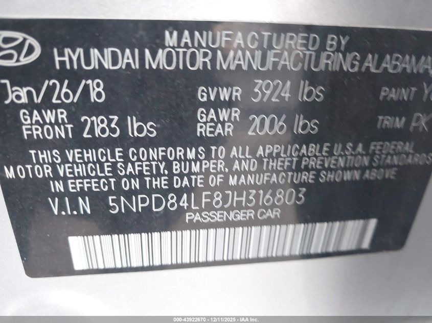 2018 Hyundai Elantra Value Edition VIN: 5NPD84LF8JH316803 Lot: 43922670