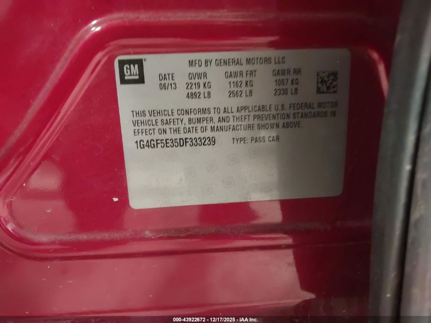 2013 Buick Lacrosse Premium 1 Group VIN: 1G4GF5E35DF333239 Lot: 43922672