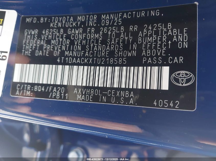 2026 Toyota Camry Le VIN: 4T1DAACKXTU218585 Lot: 43922673