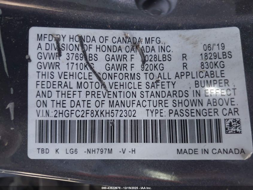 2019 Honda Civic Sport VIN: 2HGFC2F8XKH572302 Lot: 43922678