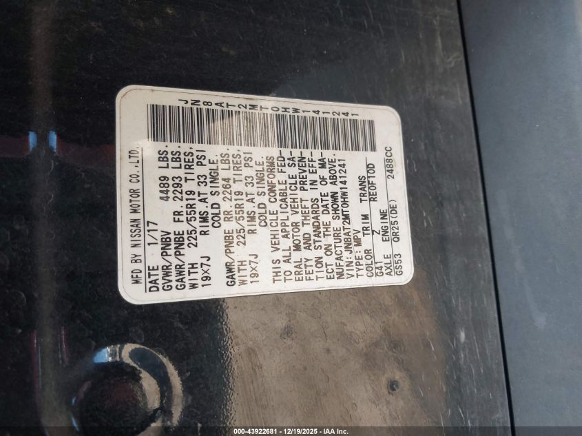 2017 Nissan Rogue Sl VIN: JN8AT2MT0HW141241 Lot: 43922681