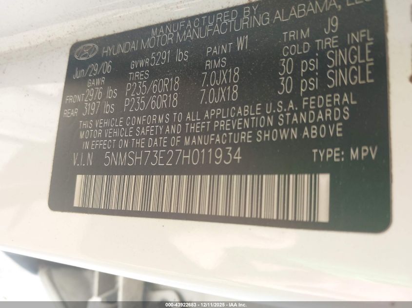 2007 Hyundai Santa Fe Limited/Se VIN: 5NMSH73E27H011934 Lot: 43922683