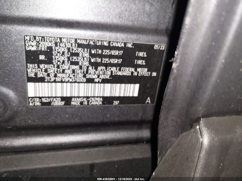 2023 Toyota Rav4 Xle VIN: 2T3P1RFV9PW376009 Lot: 43922691