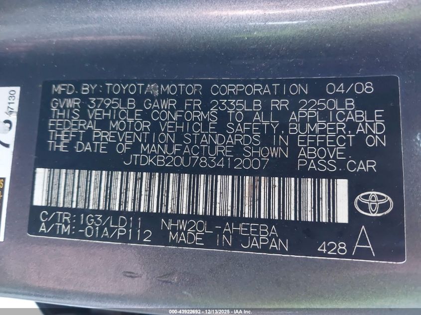 2008 Toyota Prius VIN: JTDKB20U783412007 Lot: 43922692