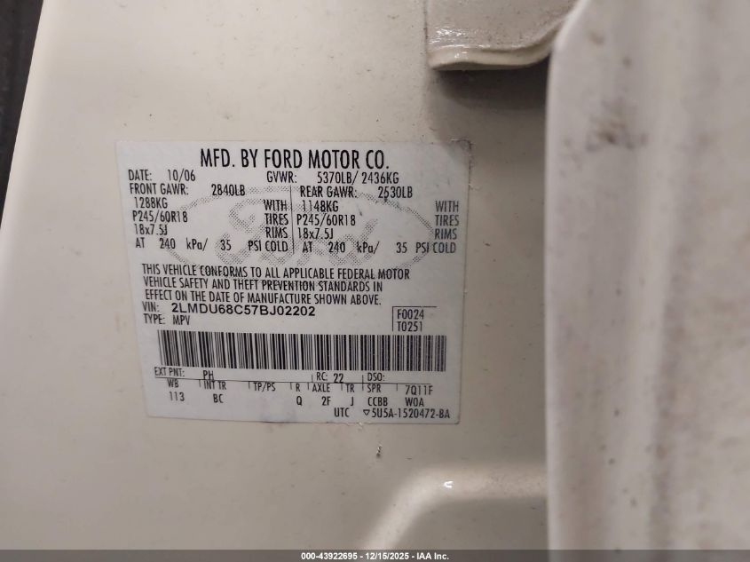 2007 Lincoln Mkx VIN: 2LMDU68C57BJ02202 Lot: 43922695