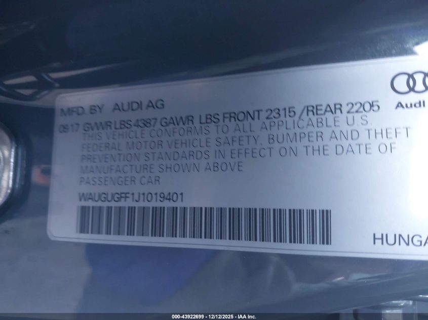 2018 Audi A3 2.0T Premium/2.0T Tech Premium VIN: WAUGUGFF1J1019401 Lot: 43922699