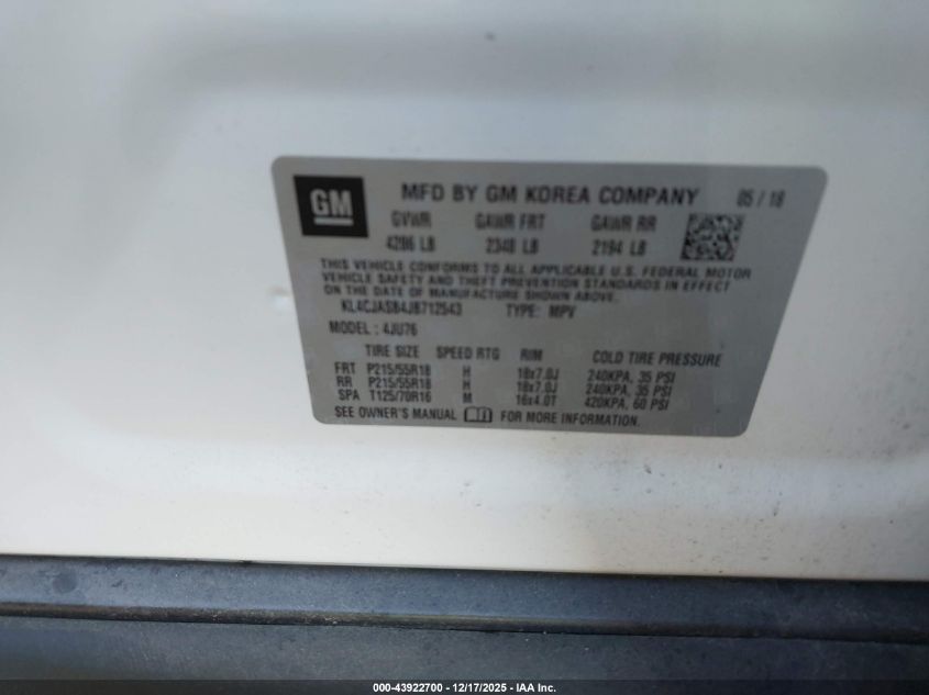 2018 Buick Encore Preferred VIN: KL4CJASB4JB712543 Lot: 43922700