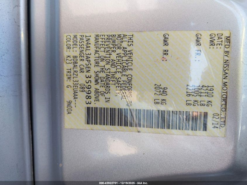 2014 Nissan Altima 2.5 S VIN: 1N4AL3AP5EN359983 Lot: 43922701