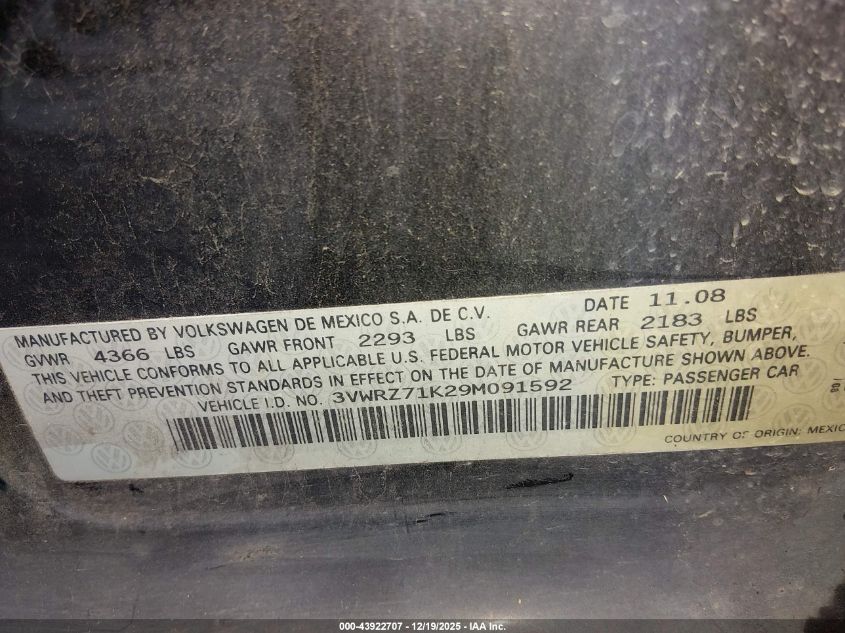 2009 Volkswagen Jetta Se VIN: 3VWRZ71K29M091592 Lot: 43922707
