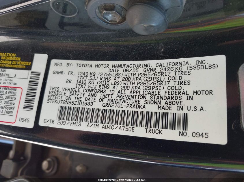 2005 Toyota Tacoma Prerunner V6 VIN: 5TEKU72N95Z101933 Lot: 43922708
