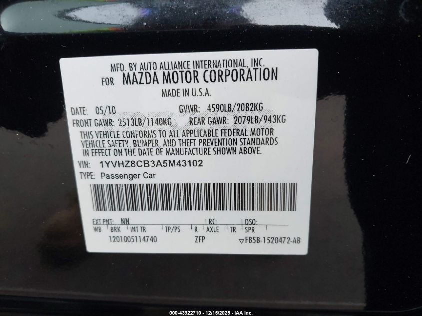 2010 Mazda Mazda6 S Touring Plus VIN: 1YVHZ8CB3A5M43102 Lot: 43922710