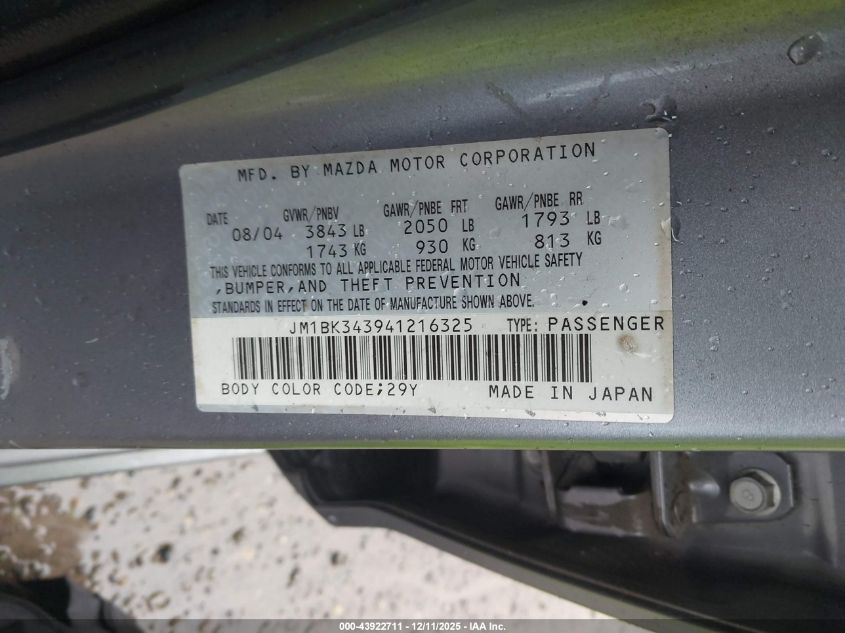 2004 Mazda Mazda3 S VIN: JM1BK343941216325 Lot: 43922711