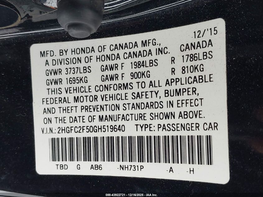 2016 Honda Civic Lx VIN: 2HGFC2F50GH519640 Lot: 43922721