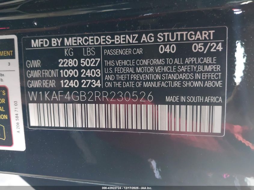 2024 Mercedes-Benz C 300 VIN: W1KAF4GB2RR230526 Lot: 43922724