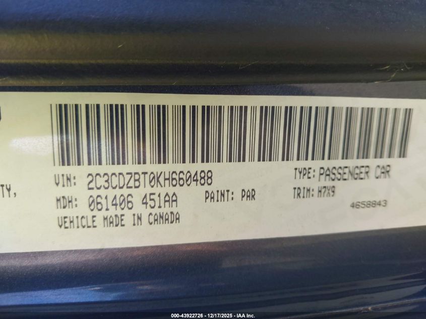 2019 Dodge Challenger R/T VIN: 2C3CDZBT0KH660488 Lot: 43922726