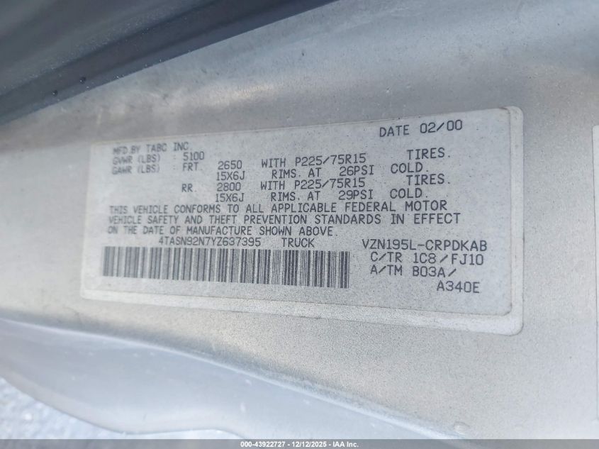 2000 Toyota Tacoma Prerunner V6 VIN: 4TASN92N7YZ637395 Lot: 43922727