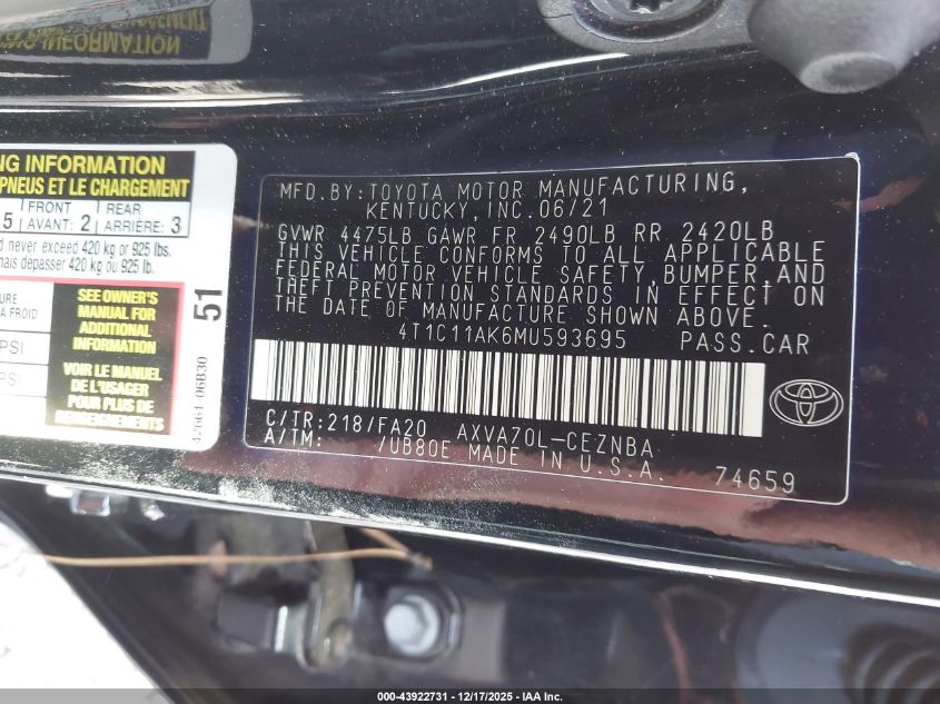 2021 Toyota Camry Le VIN: 4T1C11AK6MU593695 Lot: 43922731