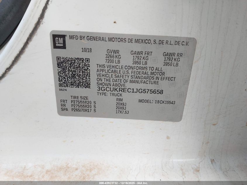 2018 Chevrolet Silverado 1500 2Lt VIN: 3GCUKREC1JG575658 Lot: 43922732