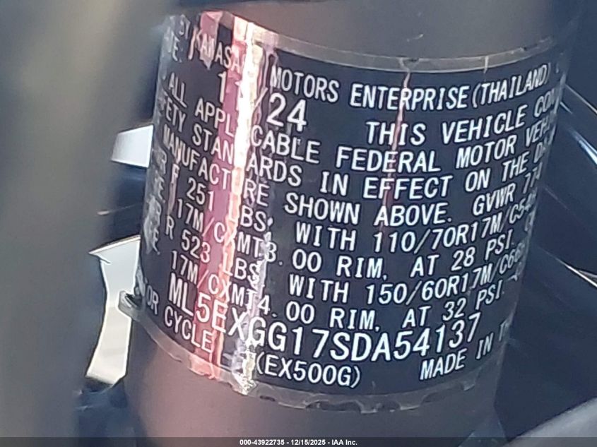 2025 Kawasaki Ex500 VIN: ML5EXGG17SDA54137 Lot: 43922735