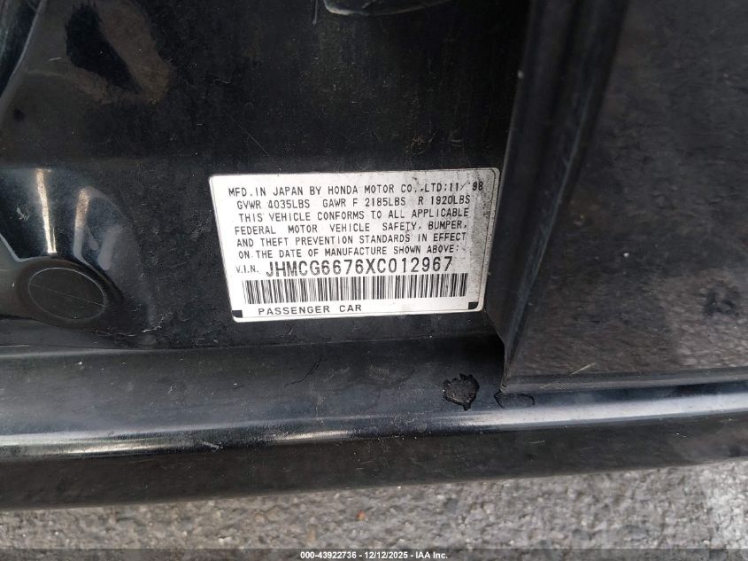 1999 Honda Accord Ex VIN: JHMCG6676XC012967 Lot: 43922736