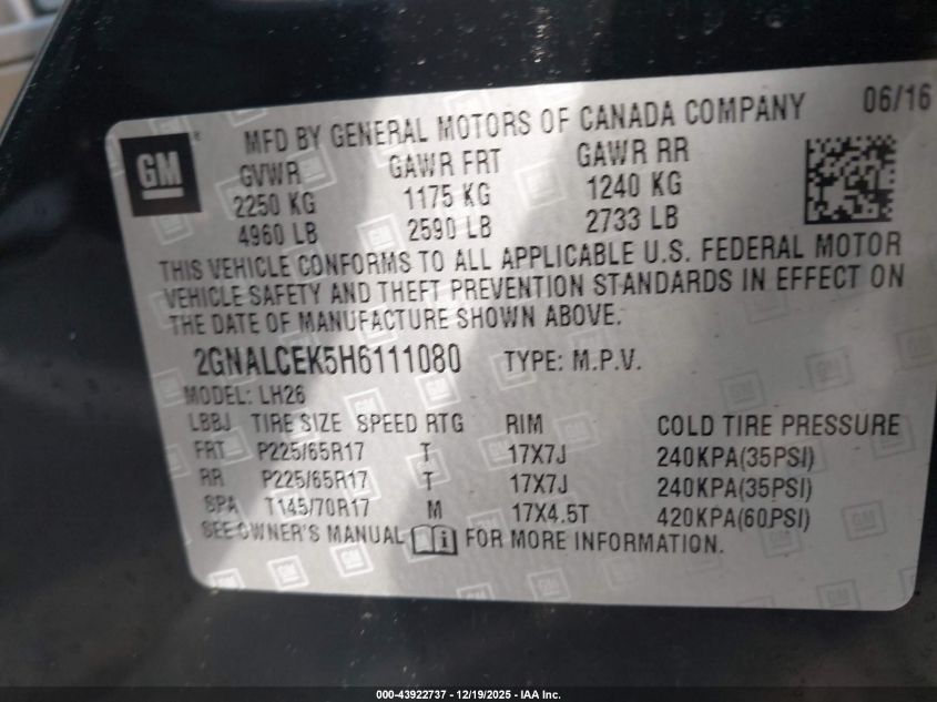 2017 Chevrolet Equinox Lt VIN: 2GNALCEK5H6111080 Lot: 43922737