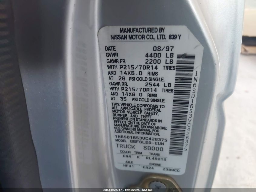 1997 Nissan 4X2 Truck Se/Xe VIN: 1N6SD16S3VC426375 Lot: 43922747